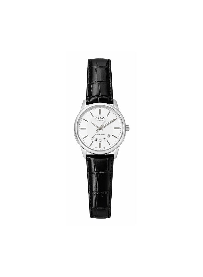 Casio Analog Round Stainless Steel Watch with White Dial & Black Leather Strap